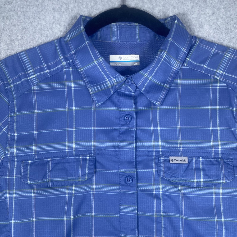 Columbia Button Down Shirt Womens Large Blue Plaid Omni-Shade Long Sleeve Hiking - Picture 2 of 15
